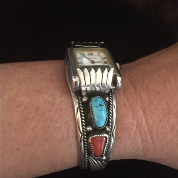 Sterling silver and turquoise watch cuff - Picture 3 of 9